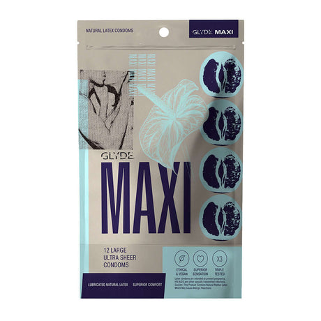 Glyde Maxi Large/XL Ultra-Thin Latex Condoms 12pk packaging featuring large ultra sheer condoms.