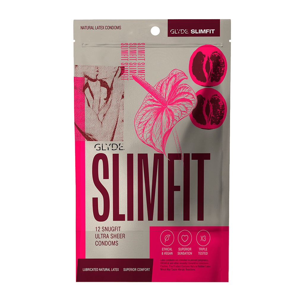 Glyde Slimfit Snug-Fitting Latex Condoms 12pk packaging featuring snug fit for comfort and confidence.