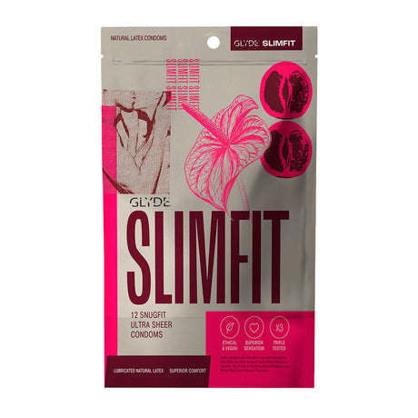 Glyde Slimfit Snug-Fitting Latex Condoms 12pk packaging featuring snug fit for comfort and confidence.
