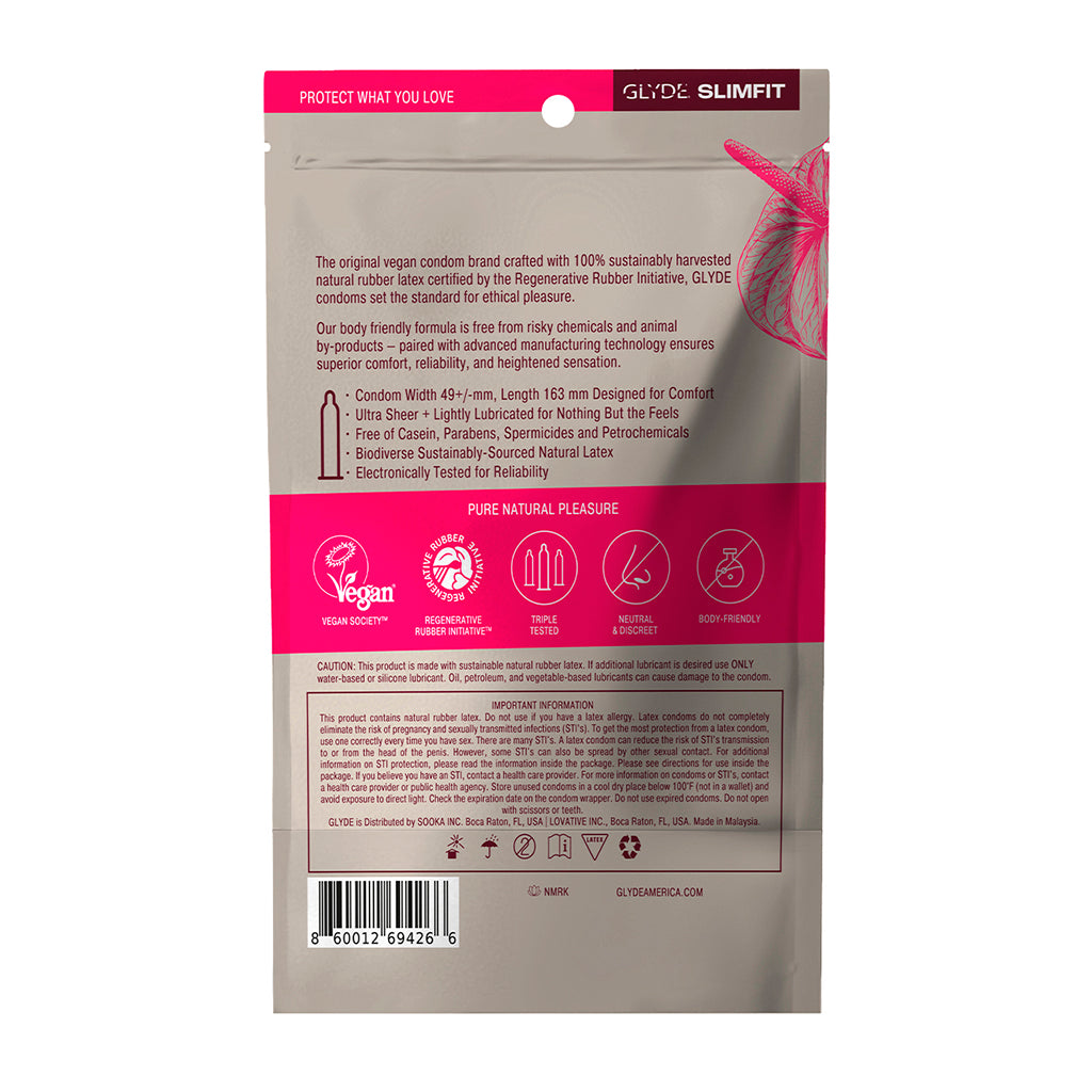 Glyde Slimfit Snug-Fitting Latex Condoms 12pk packaging with product details and features.