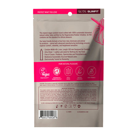 Glyde Slimfit Snug-Fitting Latex Condoms 12pk packaging with product details and features.
