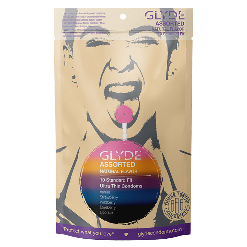 Glyde Ultra Natural Flavor Condoms 10pk Assorted package featuring assorted flavors like vanilla, strawberry, and blueberry.