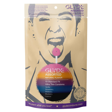 Glyde Ultra Natural Flavor Condoms 10pk Assorted package featuring assorted flavors like vanilla, strawberry, and blueberry.