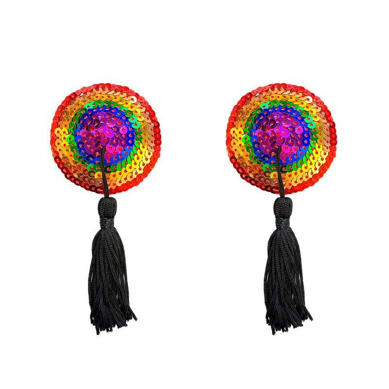 Neva Nude Pasty Reusable Burlesque Rainbow colorful sequined pasties with black tassels for bold fashion.