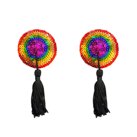 Neva Nude Pasty Reusable Burlesque Rainbow colorful sequined pasties with black tassels for bold fashion.