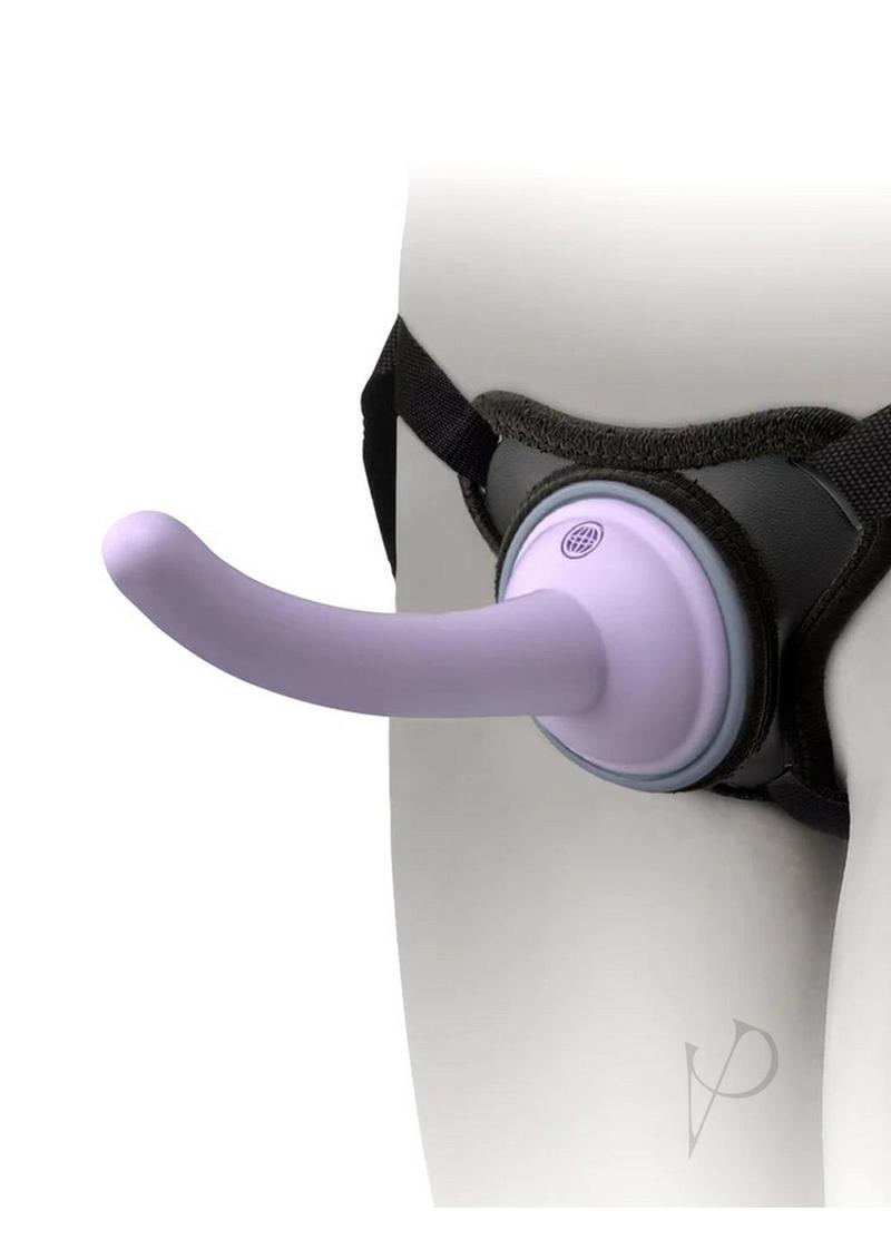 Dillio Platinum Body Dock SE Pegging Kit Lavender with a lavender silicone dildo and harness system.