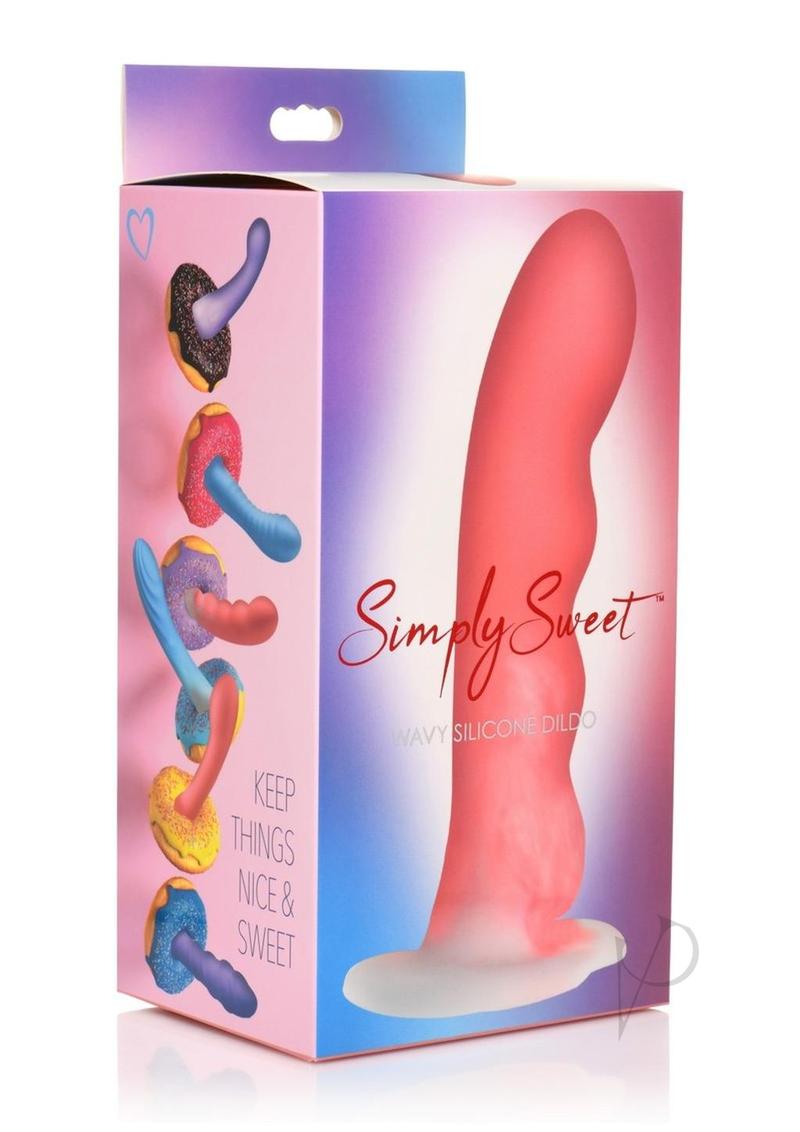 Simply Sweet Wavy Silicone Dildo Pink/White packaging with colorful designs and playful graphics.