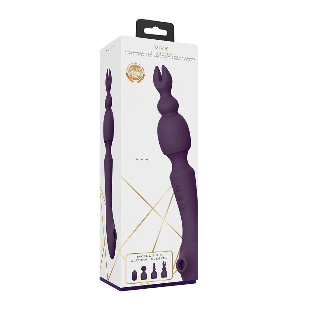 VIVE Nami Dual Motor Massage Wand Purple packaging showcasing dual motors and sleek design for enhanced pleasure.