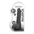 Realrock 9 Inch Dong With Testicles Realistic Black in packaging showcasing its design and features.