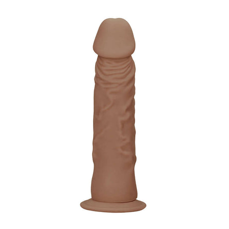 Realrock Dong Without Testicles 10 inches Tan, lifelike dildo with pronounced head and smooth surface.