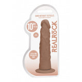 Realrock Dong Without Testicles 10 inches Tan in packaging, showcasing a lifelike design and texture.