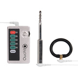 Shots Toys E-stim Urethral Sounding Set Small Silver with control device and stimulation accessories.