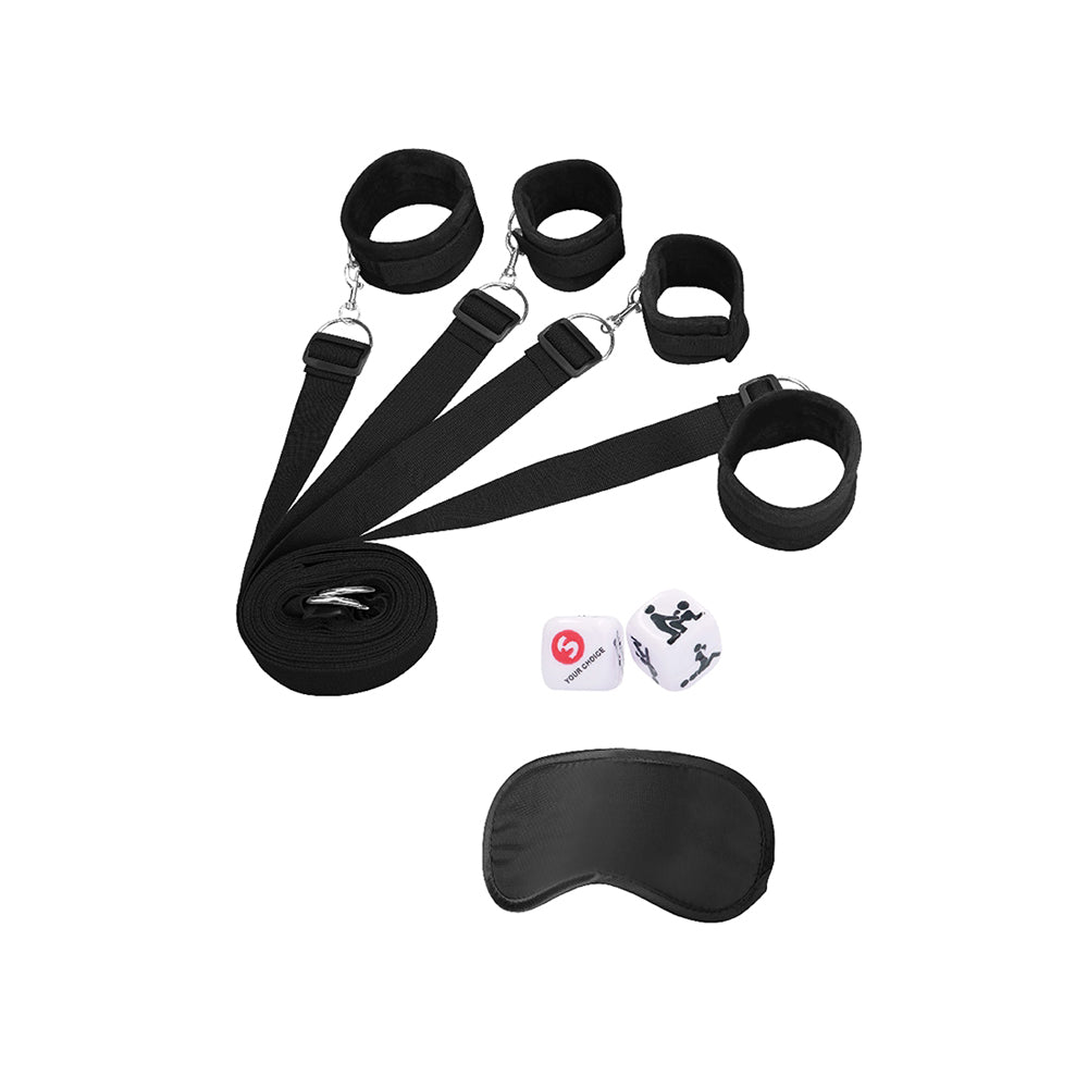 Ouch Black & White Bed Bindings Restraint System featuring straps, cuffs, dice, and blindfold for adventurous roleplay.