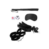 Ouch Black & White Bondage Belt Restraint System complete kit including straps, flogger, mask, and dice.