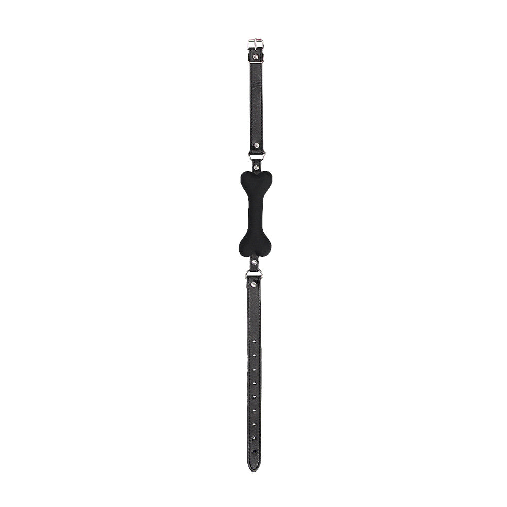 Ouch Puppy Play Silicone Bone Gag Black with sleek leather straps and a classic bone-shaped mouthpiece for playful role play.