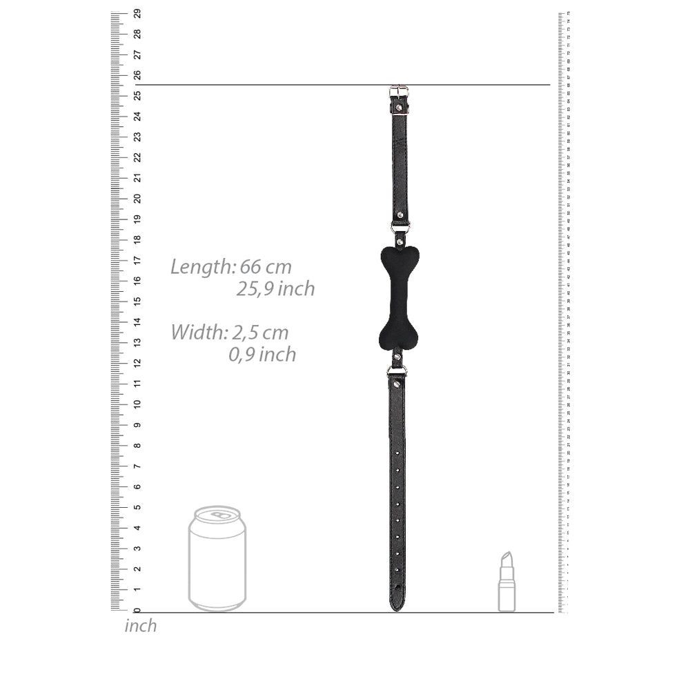 Ouch Puppy Play Silicone Bone Gag Black showing measurements and design for obedience training.
