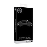 Ouch Puppy Play Silicone Bone Gag Black packaging showcasing adjustable leather straps and a silicone gag in a dog bone shape.