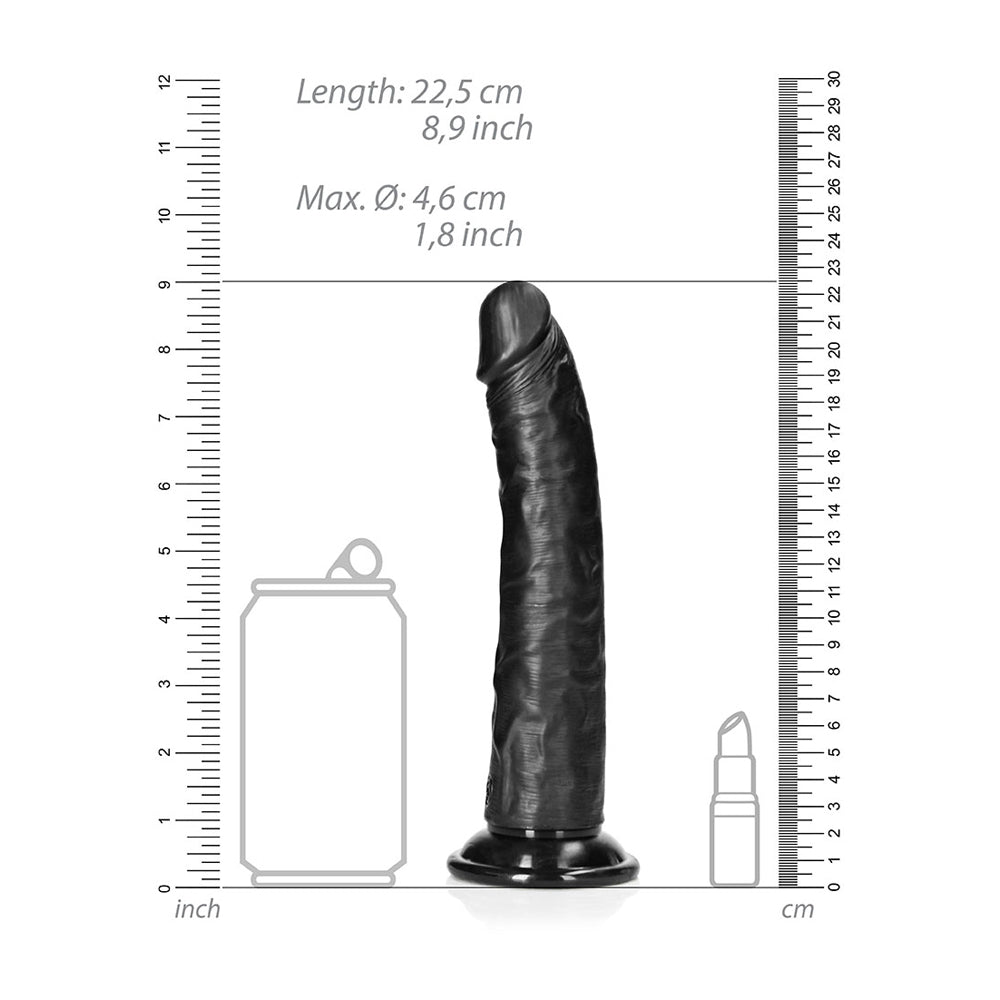RealRock Slim Realistic Dildo Suction Cup 8 Inch Black with measurement details next to a can and a bottle.