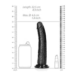 RealRock Slim Realistic Dildo Suction Cup 8 Inch Black with measurement details next to a can and a bottle.