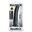 RealRock Slim Realistic Dildo Suction Cup 8 Inch Black packaging featuring a realistic design and suction base.