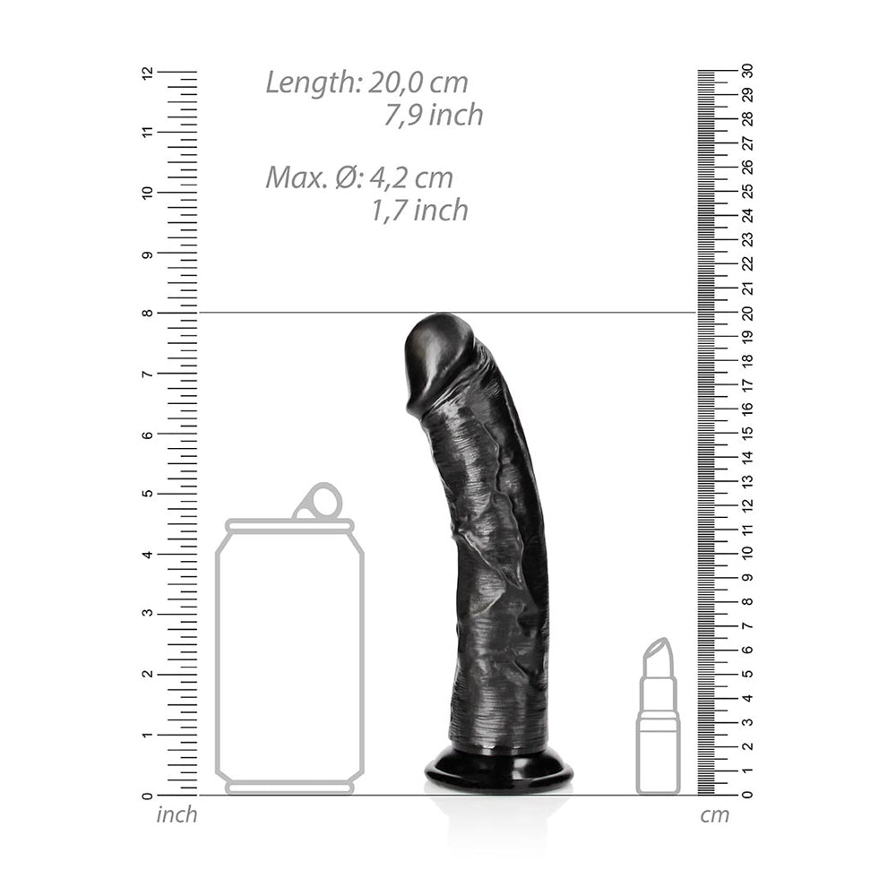 RealRock 7 inch Curved Realistic Suction Cup Dildo Black with measurement details and size comparison.