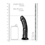 RealRock 7 inch Curved Realistic Suction Cup Dildo Black with measurement details and size comparison.
