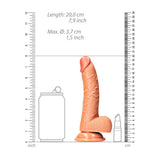 Curved Realistic Dildo With Balls And Suction Cup 7 inch Tan next to measuring scale and comparison objects for size.