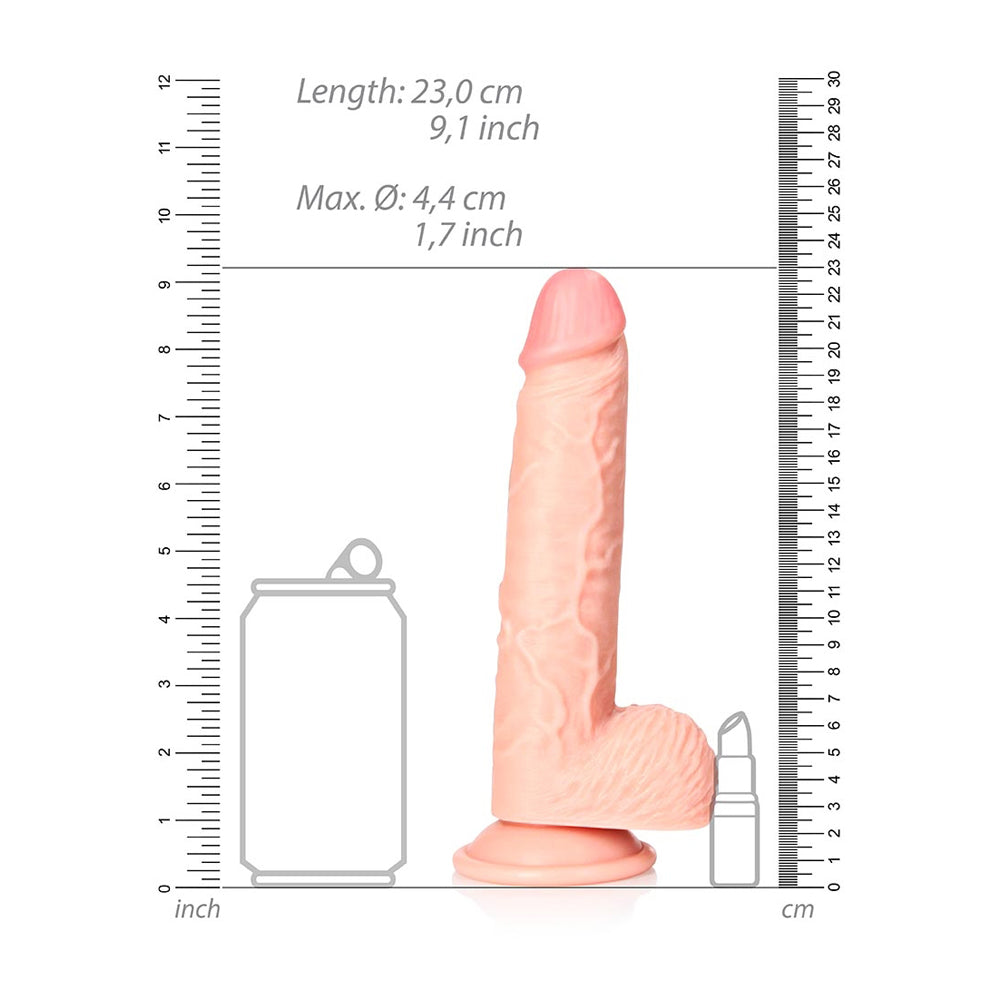 RealRock 8 Inch Realistic Dildo With Balls Suction Cup Flesh shown with measurement scale for size reference.