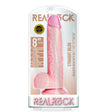RealRock 8 Inch Realistic Dildo With Balls Suction Cup Flesh in packaging showcasing its realistic design and suction base.
