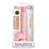 RealRock 8 Inch Realistic Dildo With Balls Suction Cup Flesh in packaging showcasing its realistic design and suction base.