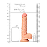 RealRock 8 inch Realistic Dildo with Balls Suction Cup Tan shown with size comparisons to a can and spray bottle.