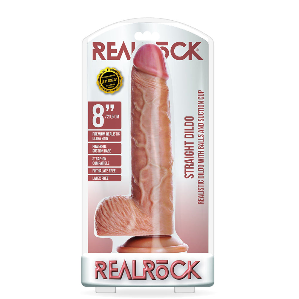 RealRock 8 inch Realistic Dildo with Balls Suction Cup Tan packaging displayed.