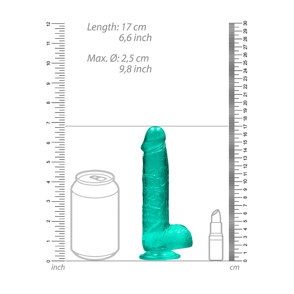 Realrock 6 Inch Realistic Dildo With Balls Turquoise shown with measurement scale for size reference.