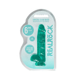 Realrock 6 Inch Realistic Dildo With Balls Turquoise packaging featuring a lifelike turquoise dildo.