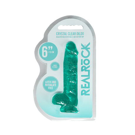 Realrock 6 Inch Realistic Dildo With Balls Turquoise packaging featuring a lifelike turquoise dildo.