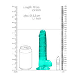 Realrock 7 Inch Realistic Dildo With Balls Turquoise next to a can for size comparison, showcasing its dimensions.