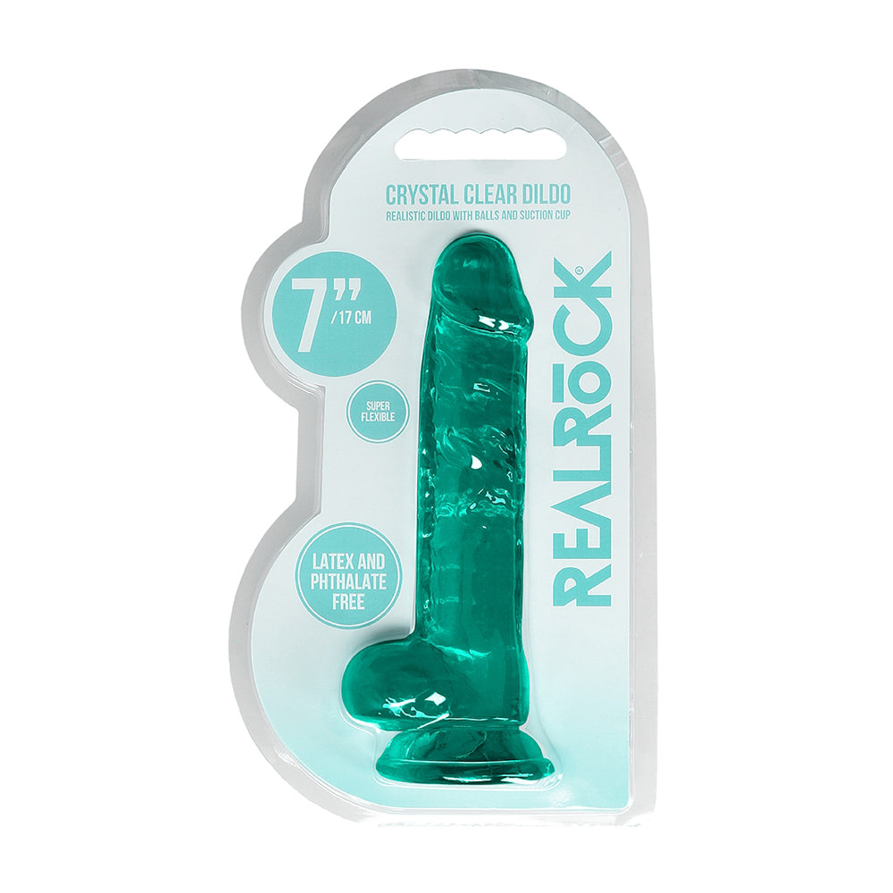 Realrock 7 Inch Realistic Dildo With Balls Turquoise packaging showcasing its lifelike design and suction cup feature.