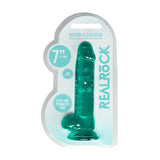 Realrock 7 Inch Realistic Dildo With Balls Turquoise packaging showcasing its lifelike design and suction cup feature.
