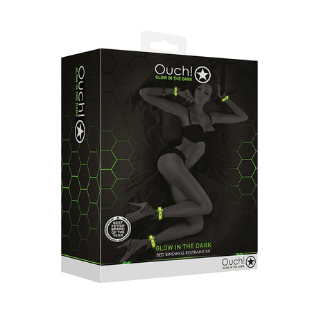 Ouch Bed Bindings Restraint Kit Glow In The Dark Green packaging featuring glow-in-the-dark restraints for adventurous couples.