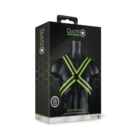 Ouch Cross Harness Glow In The Dark S M packaging displayed on a black background with fluorescent green straps.