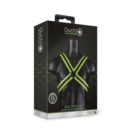 Ouch Cross Harness Glow In The Dark L XL packaging showcasing the bold bondage-inspired design and fluorescent details.