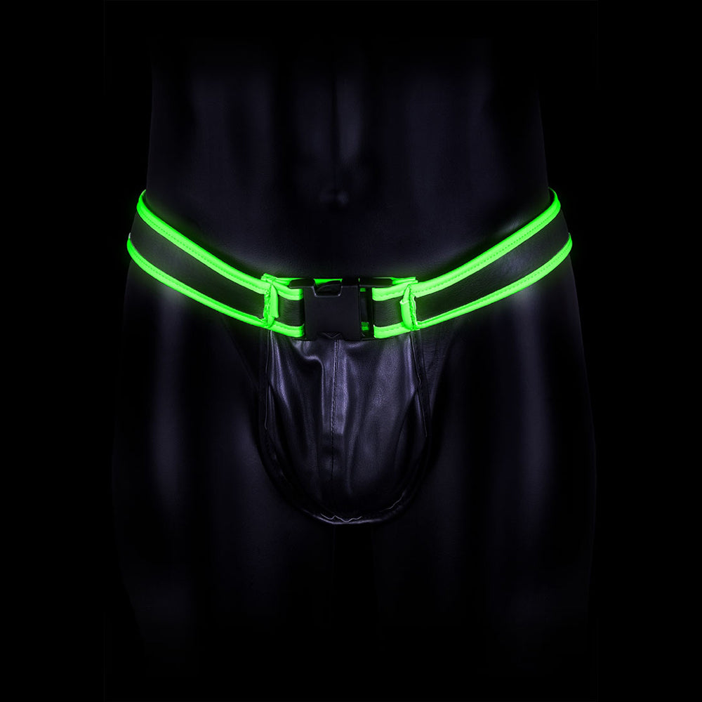 Ouch Buckle Jock Strap Glow In The Dark L XL showcasing fluorescent green detailing for a bold intimate look.