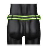 Ouch Buckle Jock Strap Glow In The Dark L XL displayed on a mannequin showcasing its fluorescent green detailing.