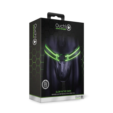Ouch Buckle Jock Strap Glow In The Dark L XL packaging showcasing glowing details and bondage aesthetic.