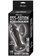 Ass-Sation Remote Vibrating Metal Anal Plug Black packaging with remote control features.