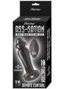 Ass-Sation Remote Vibrating Metal Anal Plug Black packaging with remote control features.