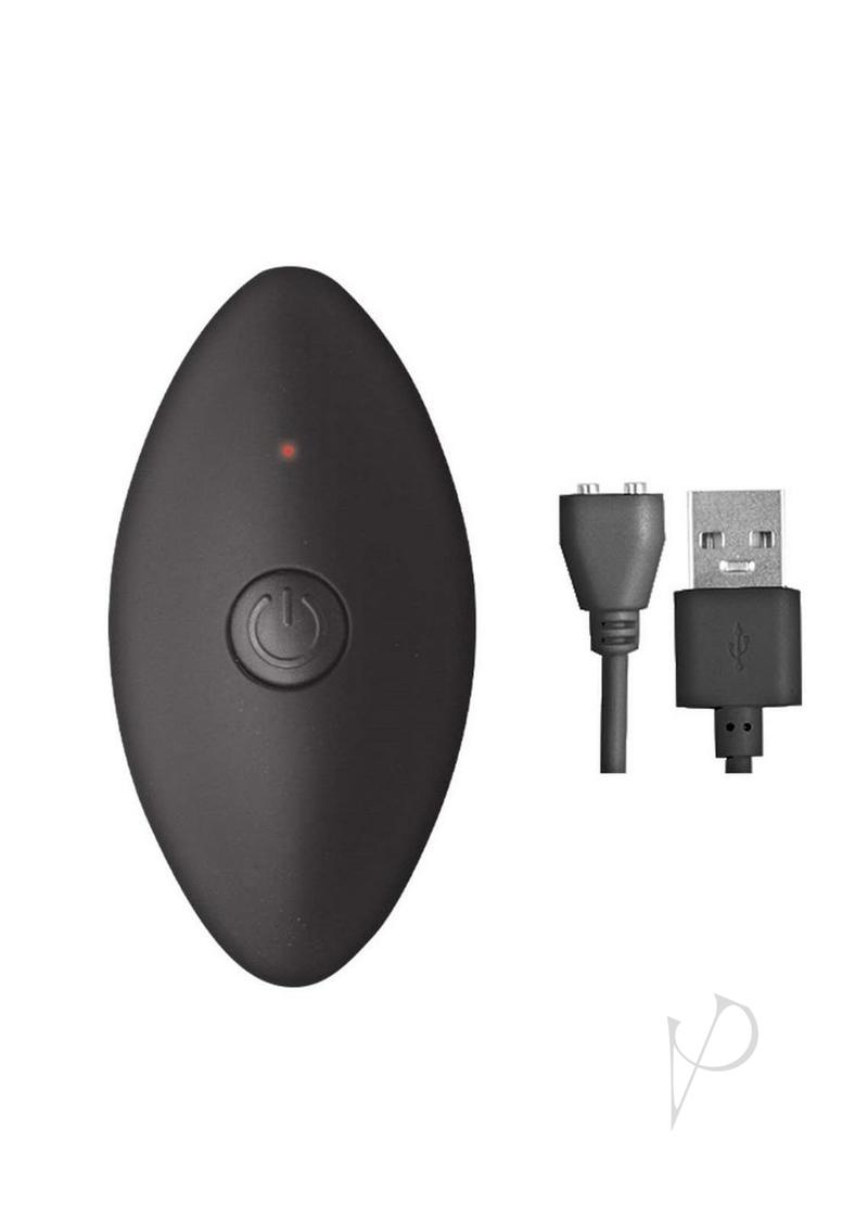 Ass-Sation Remote Vibrating Metal Anal Plug Black wireless remote with USB charging cable.