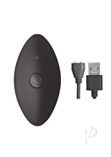 Ass-Sation Remote Vibrating Metal Anal Plug Black wireless remote with USB charging cable.