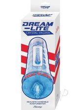 Dream-Lite Crystal Vagina Masturbator Blue packaging featuring clear design and realistic features.