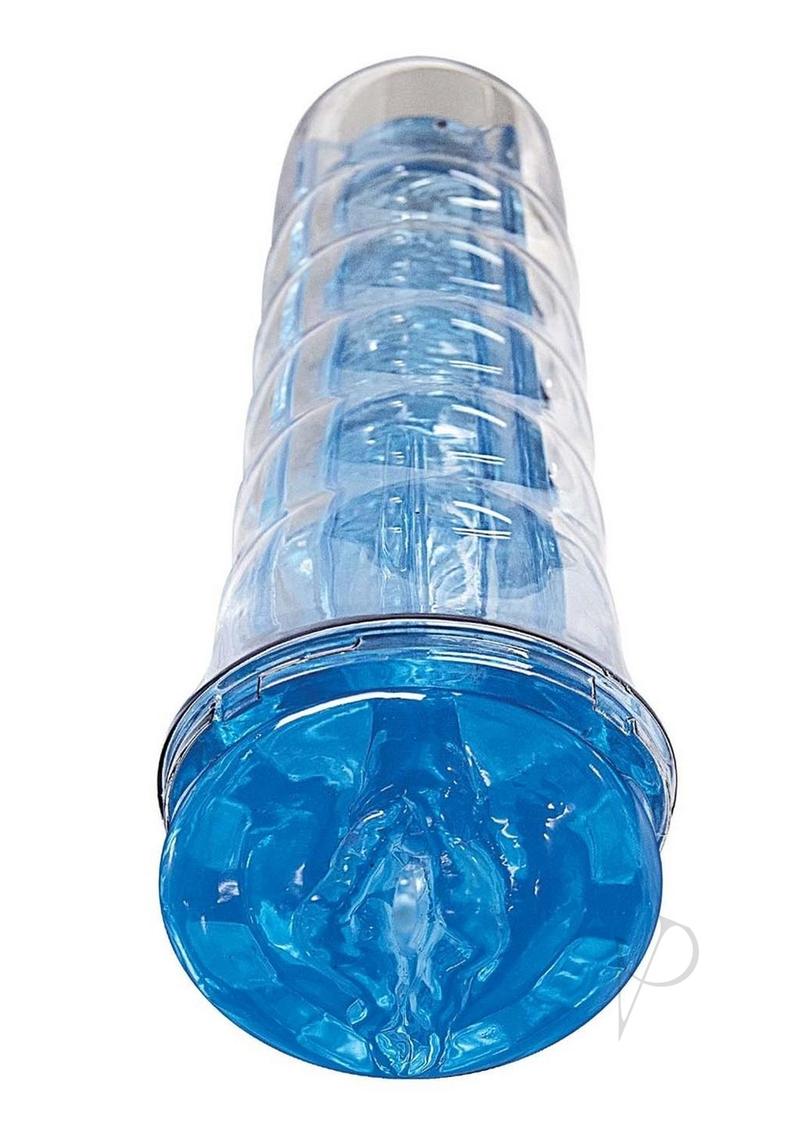 Dream-Lite Crystal Vagina Masturbator Blue showcasing its clear design and internal pleasure rings.